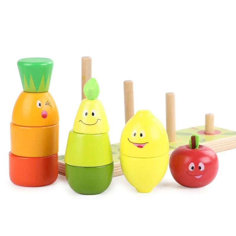 New  Fruit Set Tower Toy Puzzle  Wooden Fruit Pile Tower Early Education Intelligence Pairing Gifts for 