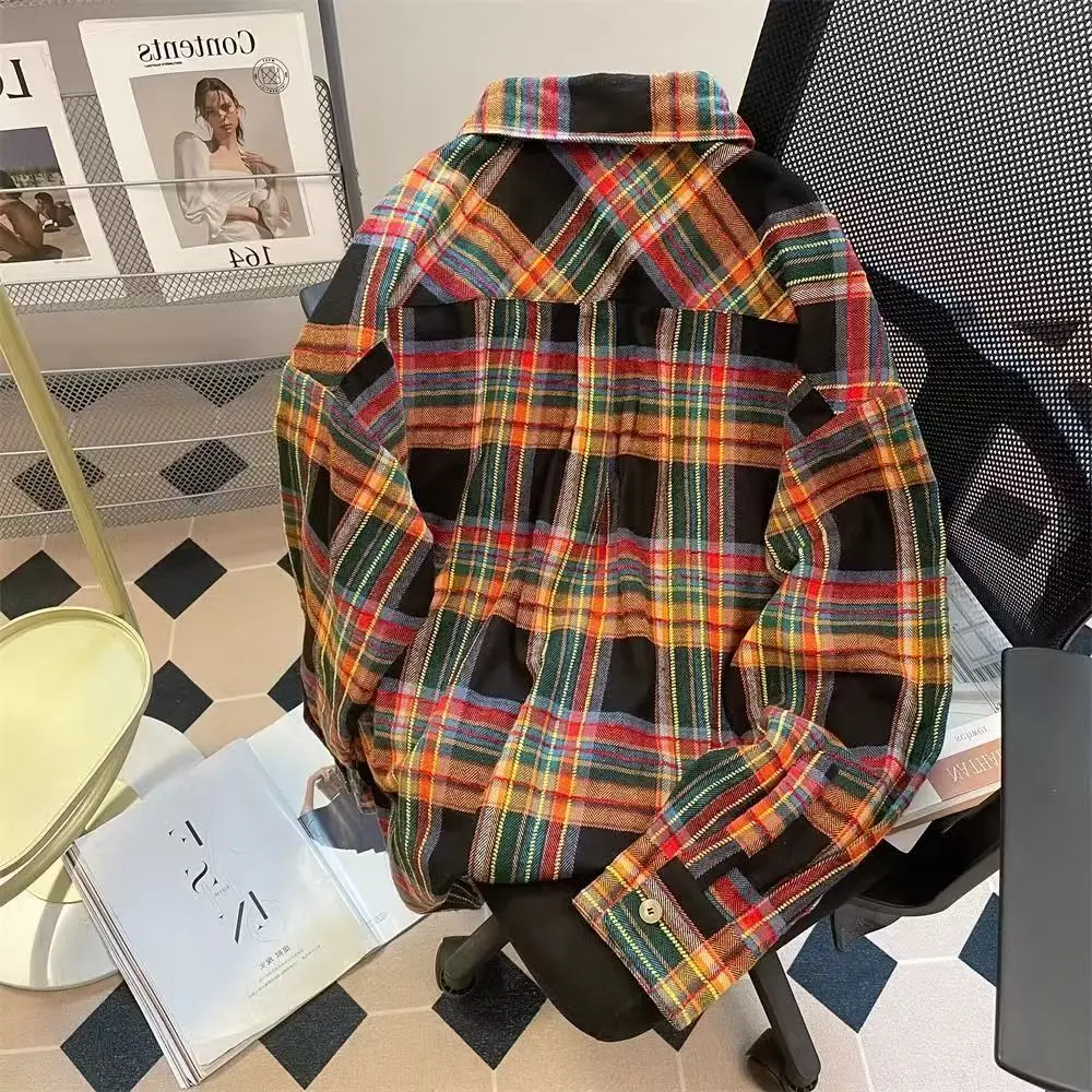 여성 타탄 셔츠 긴 소매 버튼업 캐주얼 오버사이즈 체크 셔츠 싱글 브레스티드 재킷 패션 청소년 남성 봄 여름
