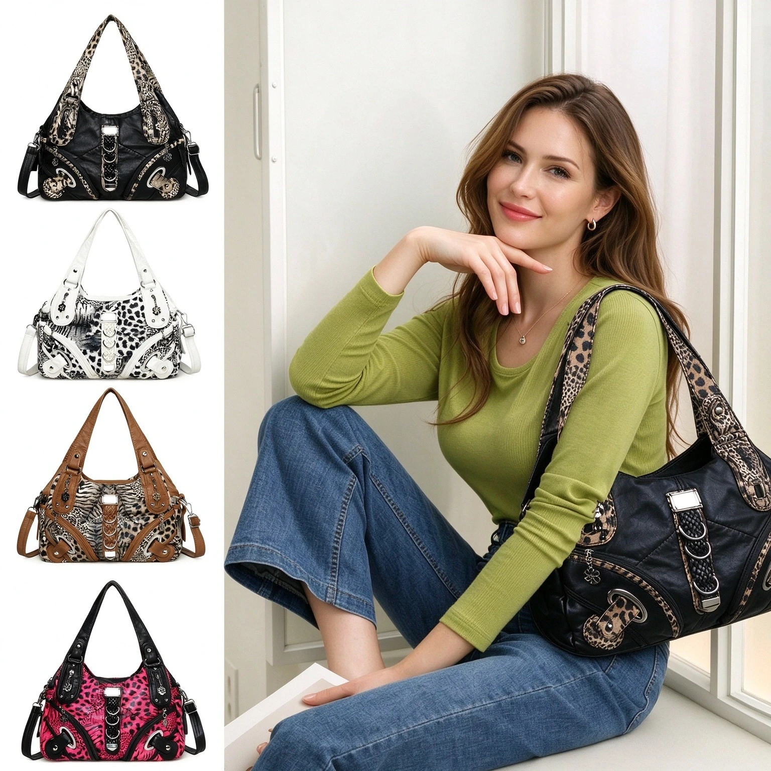 Women Leather Tote Bag Leopard Print, Large Capacity Multi Pocket Crossbody Shoulder Handbag Adjustable Strap, Elegant Bag