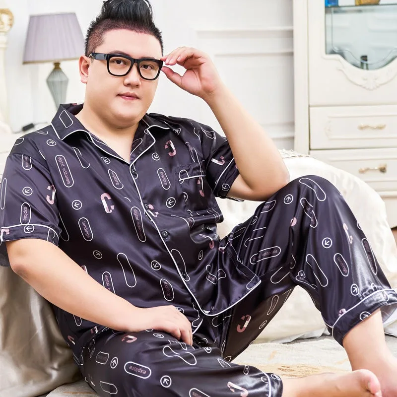 3XL-5XL 165KG 초대형 사이즈 새틴 잠옷 남성 여름 프린트 반팔 바지 두 조각 세트 잠옷 Silky Loungewear