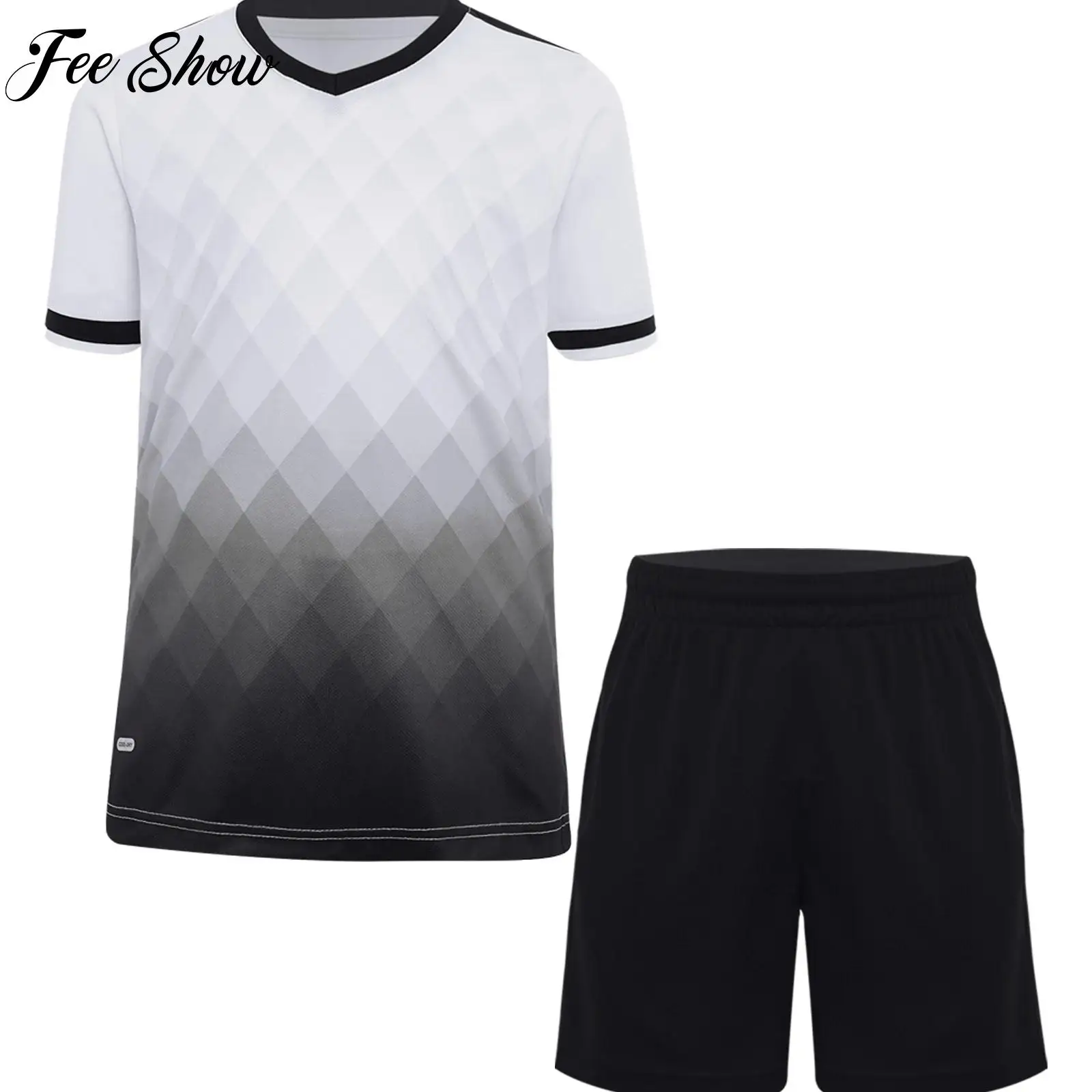 2 Pcs Kids Boys Football Jersey Tracksuit Training Uniform Short Sleeve Stylish T-shirt with Drawstring Shorts Sportswear Outfit