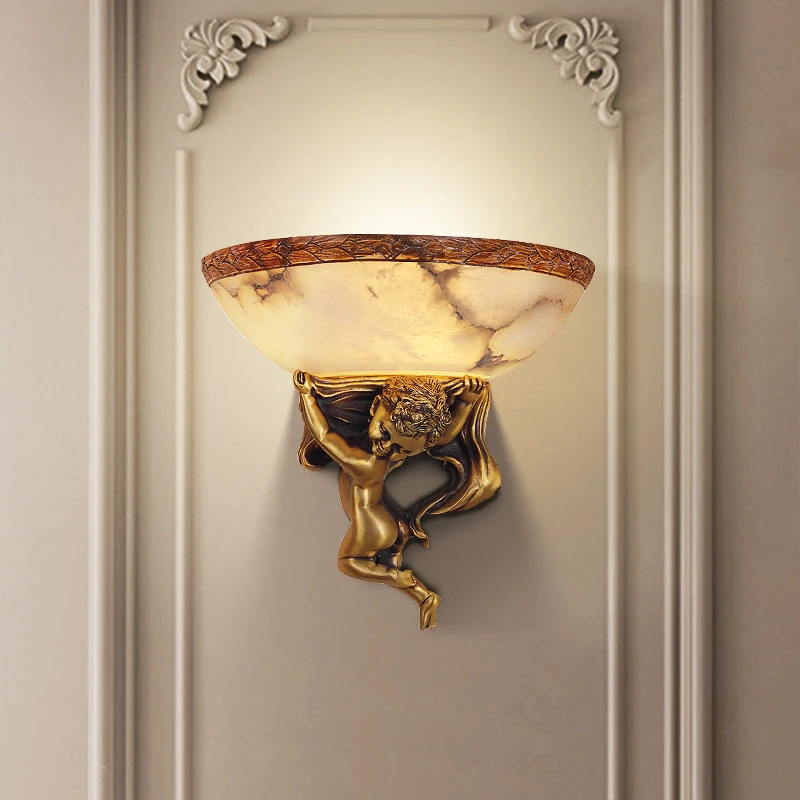 

Creative Golden Angel Wall Lamp Sitting Dining Room Bedroom Europe Bronze Decor Light Marble Pot Bedside Stair Corridor Sconce