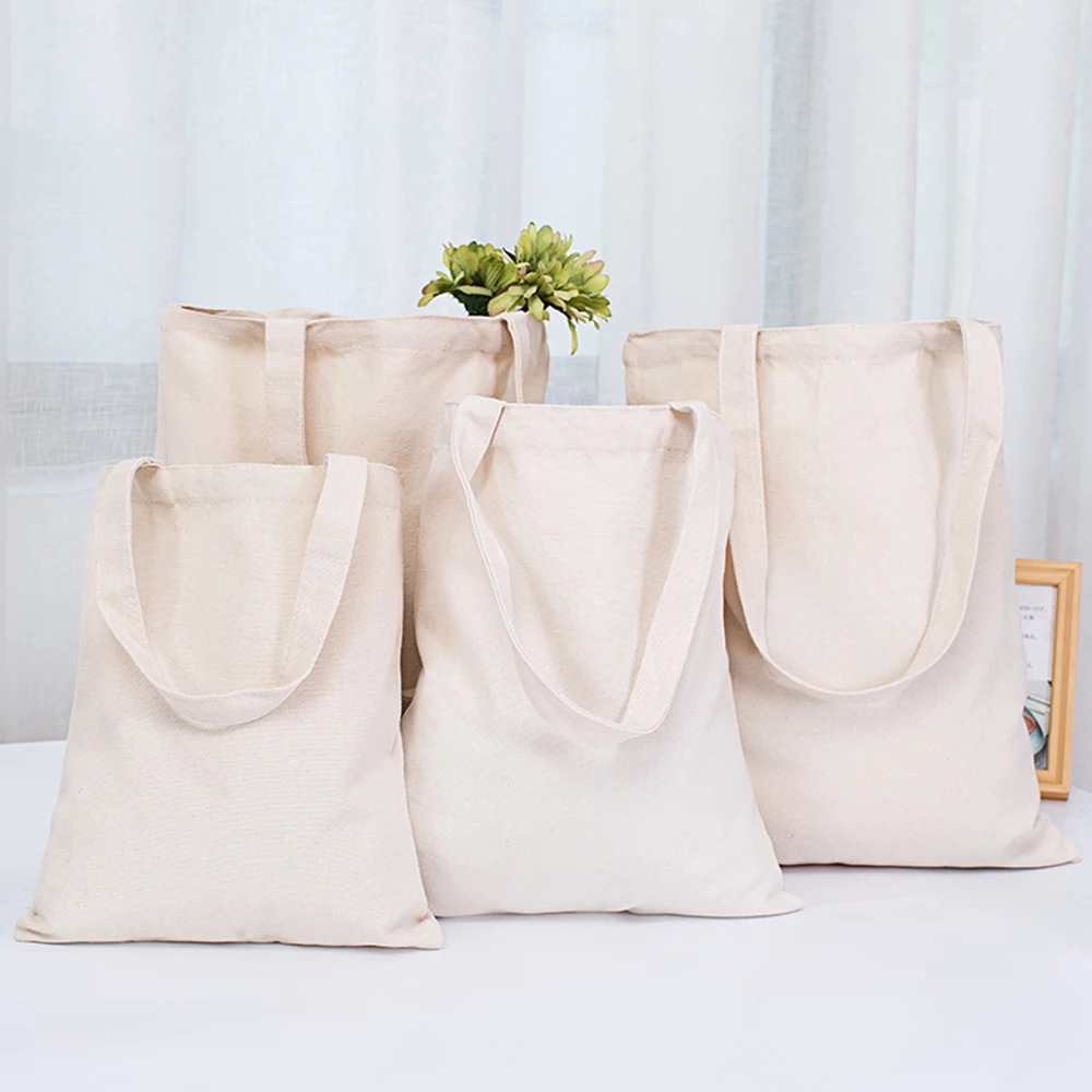 Shopping Beach Bag Women Canvas Shoulder Bag Solid Color Casual Tote Bag Reusable Large Capacity Cotton Handbag Beige/White