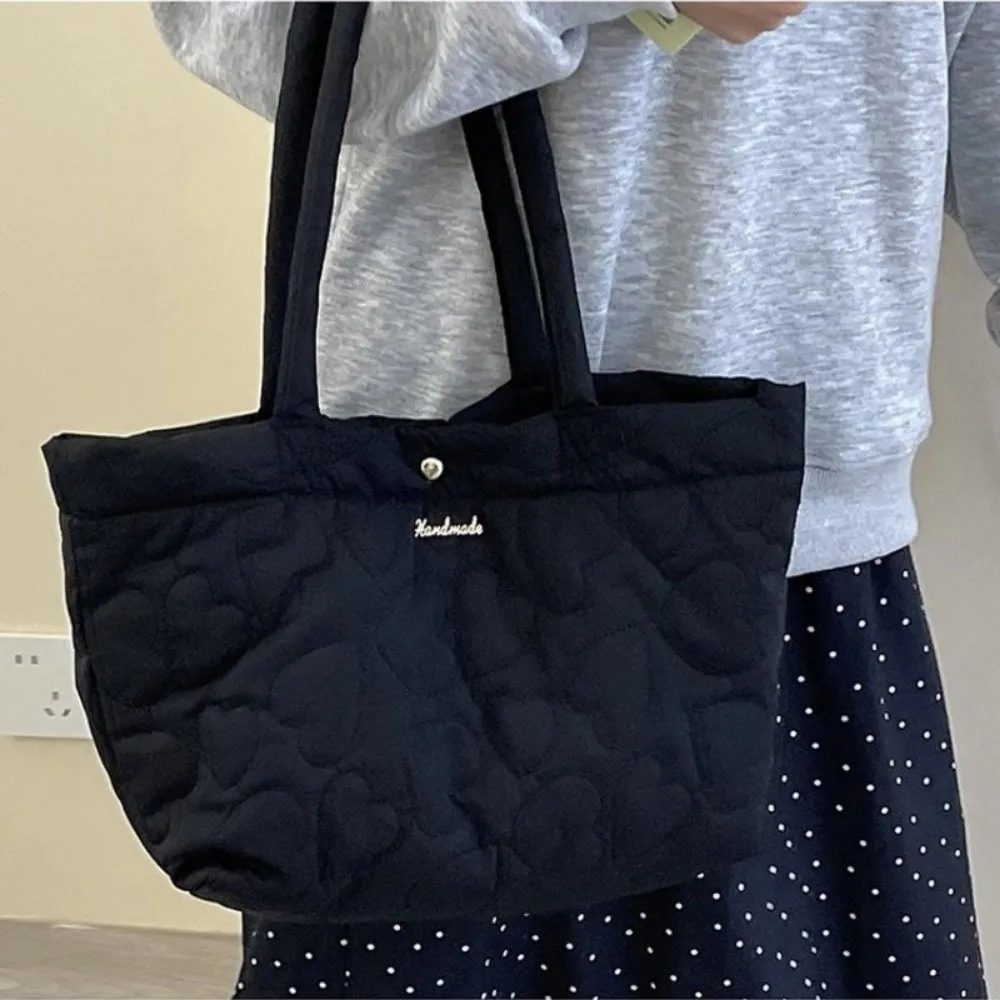 

Women Large Capacity Shoulder Bag Cotton Padded Down Handbag Solid Color Tote Bag Heart Embroidery Sports Beach Bag