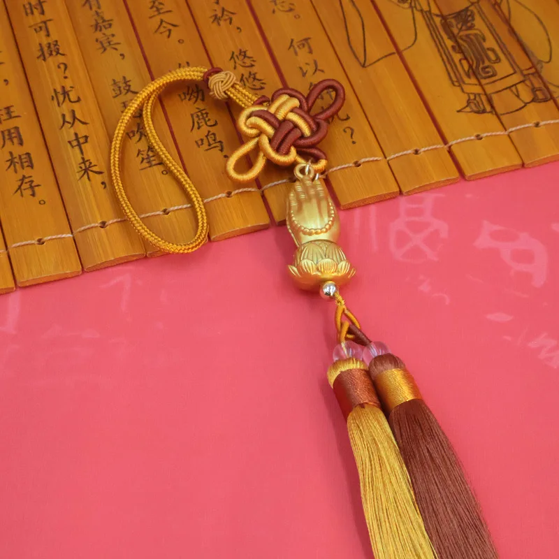 Gold-Plated Lotus And Buddha Hand Pendant, Two-Tone Chinese Knot With Tassels, Ornament, High-End Car Interior Accessory, Po