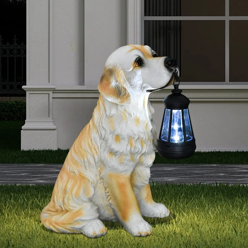 

​​​​​​​Solar Powered Garden Decor Realistic Resin Puppy Statue Outdoor Animal Figure with LED Light for Yard Patio Pathway