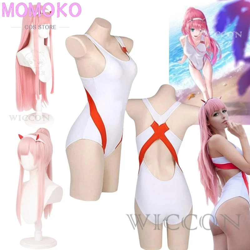 

Anime 02 Zero Two Cosplay Costume Wig Props Jumpsuits Tight Swimwear Woman Sexy Summer Day Party Bikini