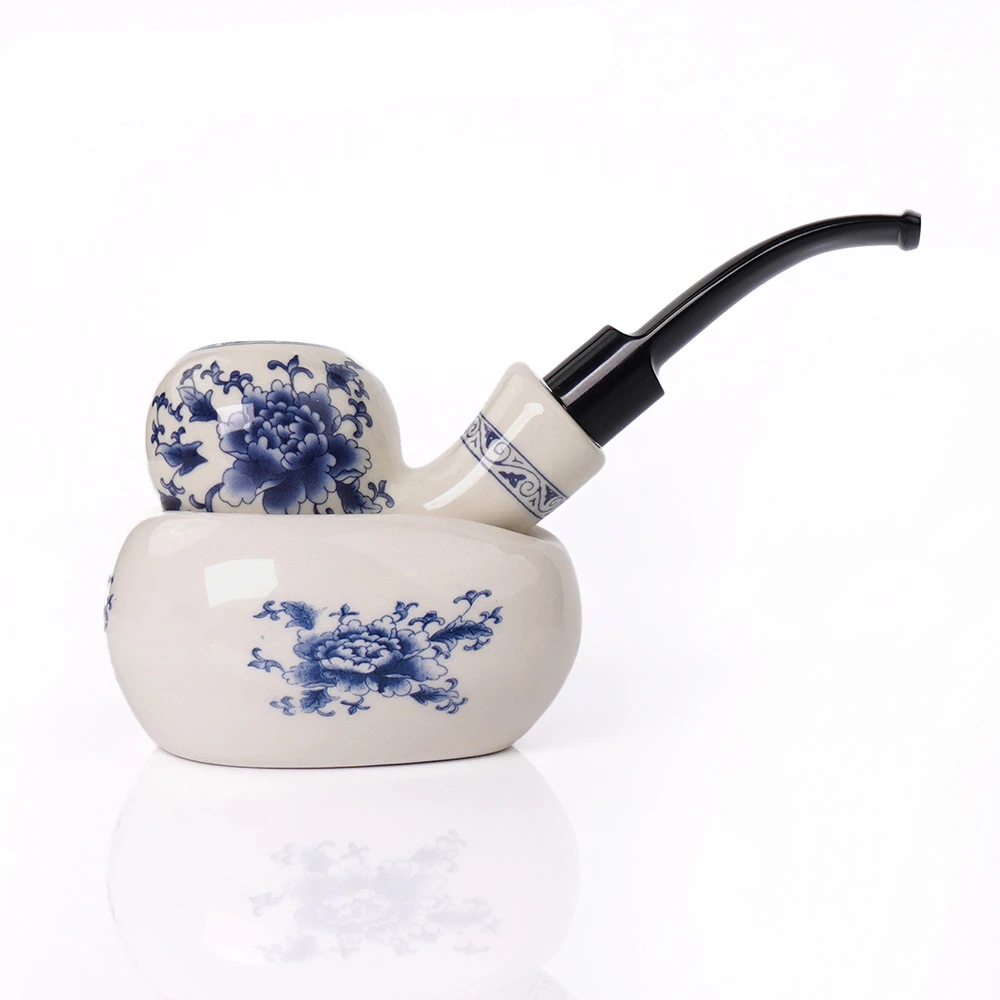 Chinese Ceramic Tobacco Pipe Set, Smoking Pipes, Blue and White Porcelain Decorations, A Set of Smoking Pipes with Pipe Racks