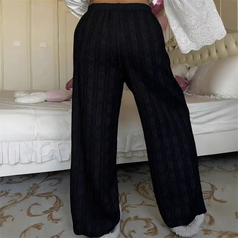 Casual bloemenborduurwerk lange broek hoge taille elastische taille polyestervezel dames herfstbroek rechte pijpen wijde pijpen