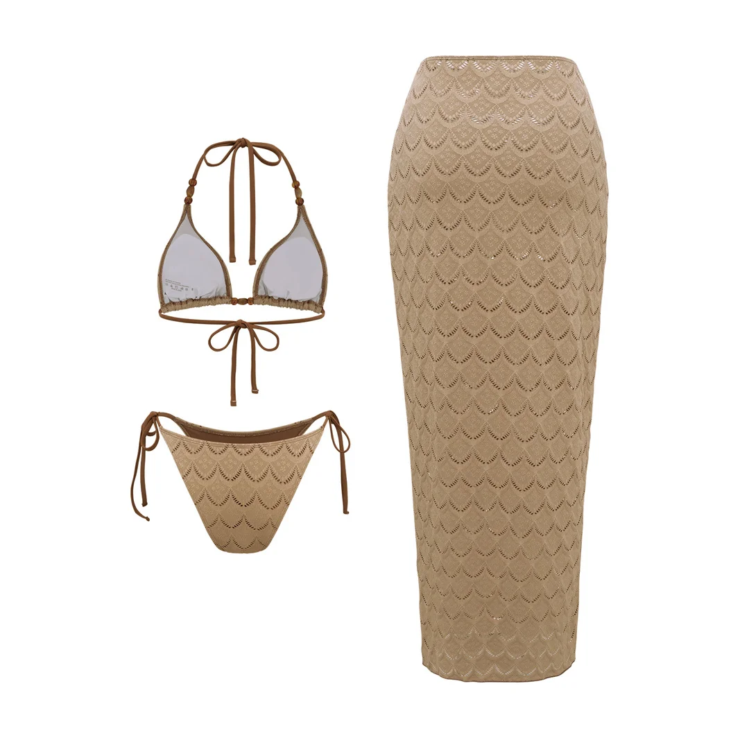 S - XL Mit Rock, Neckholder, ausgeschnittener Bikini, Damen-Badeanzug, dreiteiliges Bikini-Set, Badebekleidung, Badeanzug, Schwimmanzug V8477 – Detail 5