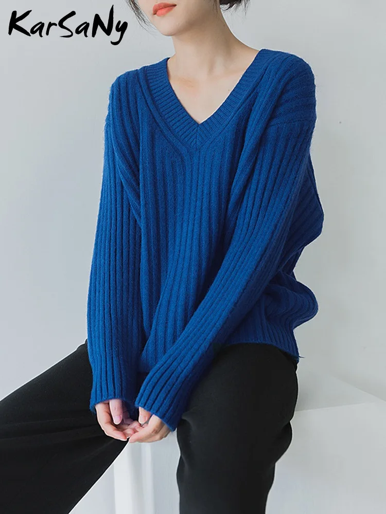 Warm Winter Women\'s Sweater Elegant Pullover Korean Clothes Women V Neck Womens Jumper Winter Knit Tops Blue Sweaters Oversized