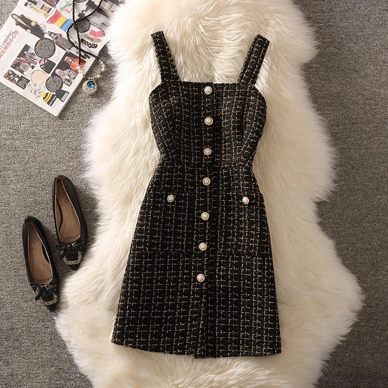 女性秋冬ドレス新しい小さな香りのよいツイードベストサスペンダーウールドレスボトムニットセーター女性ツーピースセットスーツ