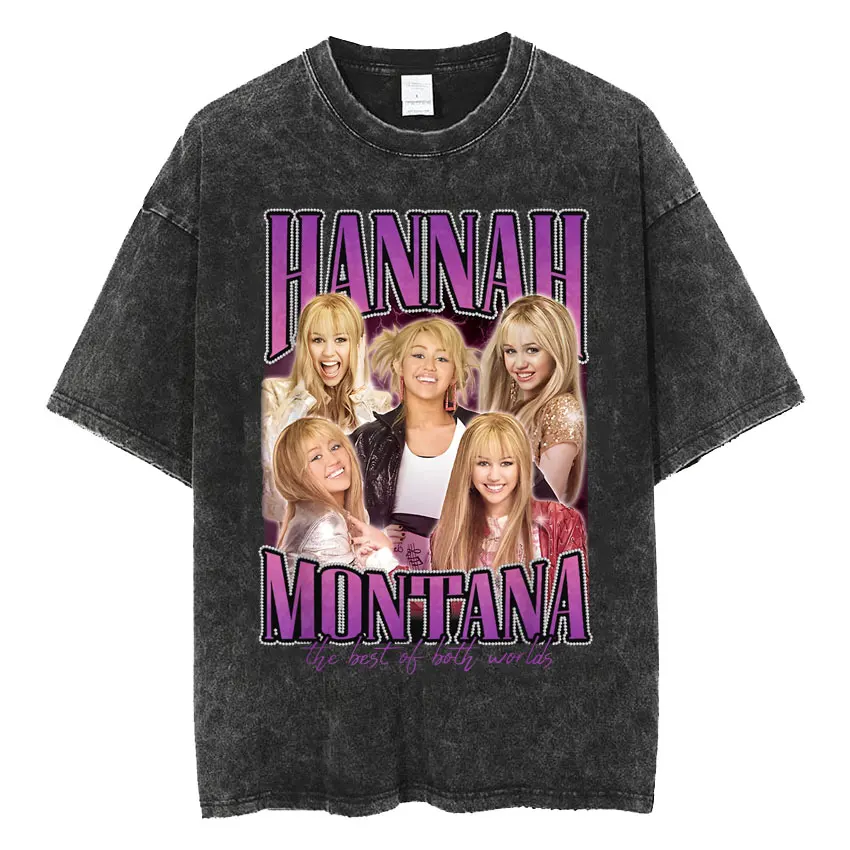 Mens Clothes Tee Shirt Washed Graphic T-Shirts Men Tshirt for Men Ropa Hombre Miley Cyrus Hannah Montana Logo Short Sleeved image 6