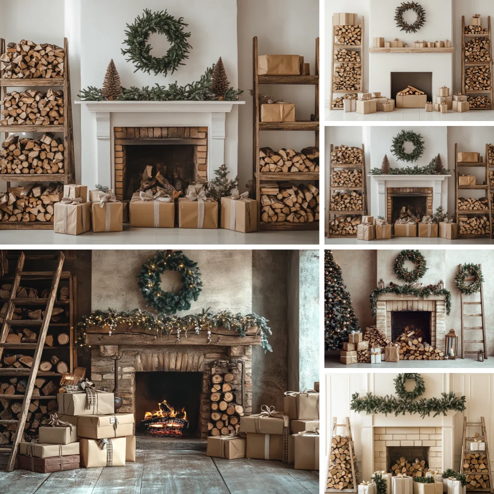 

White Christmas Backdrop Photography Winter Xmas Fireplace Gift Wreath Interior Party Decoration Christmas Tree Photo Background
