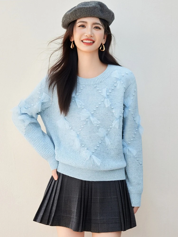 Maglione pullover lavorato a maglia blu a maniche lunghe con scollo a O con fiocco per donna Autunno Inverno Elegante stile coreano Top larghi e caldi Maglieria 9680