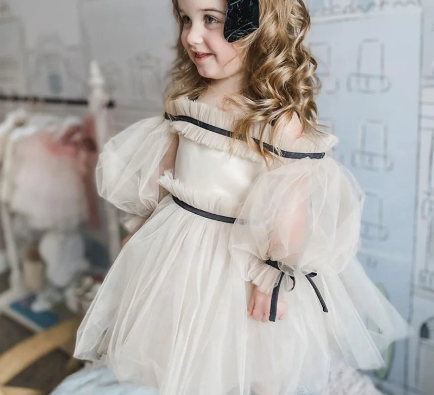 

New Baby Girls Fairy Boutique Puff Sleeve Mesh Flower Dress, Princess Kids Elegant Party Dresses 1-9 T