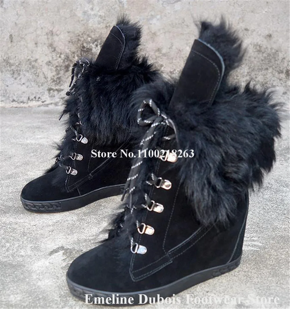 

Black Suede Winter Warm Short Boots Emeline Dubois Round Toe Wool Fur Inside Lace-up Wedge Ankle Booties