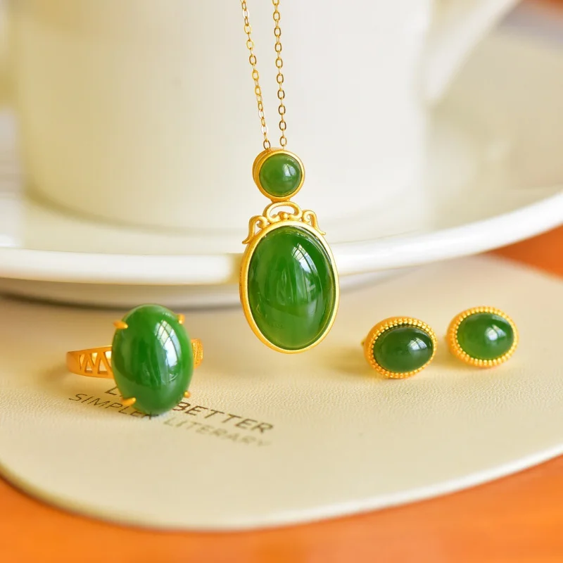

Серьги-подвески Hetian Jade и Biji с овальным кабошоном, кольцо S925, серебро, позолоченный, женский комплект из трех предметов