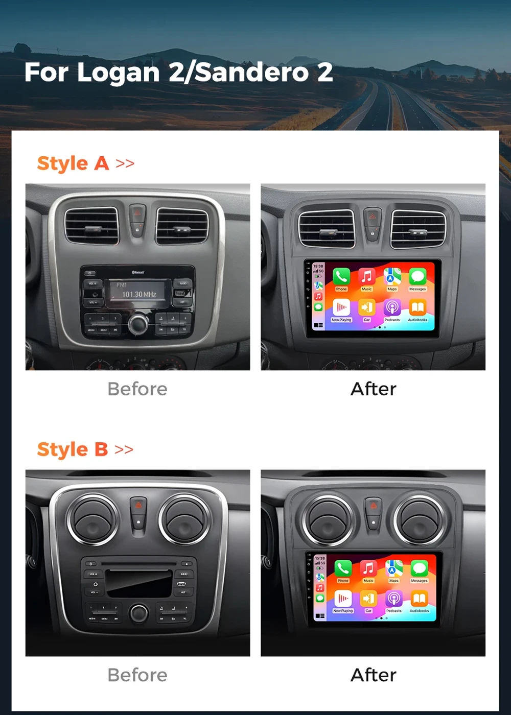 Android 14 Carplay Auto For Renault Logan 2 Sandero 2 2014-2019 Car Radio Multimedia Video Player Navigation GPS  No 2Din 2 Din