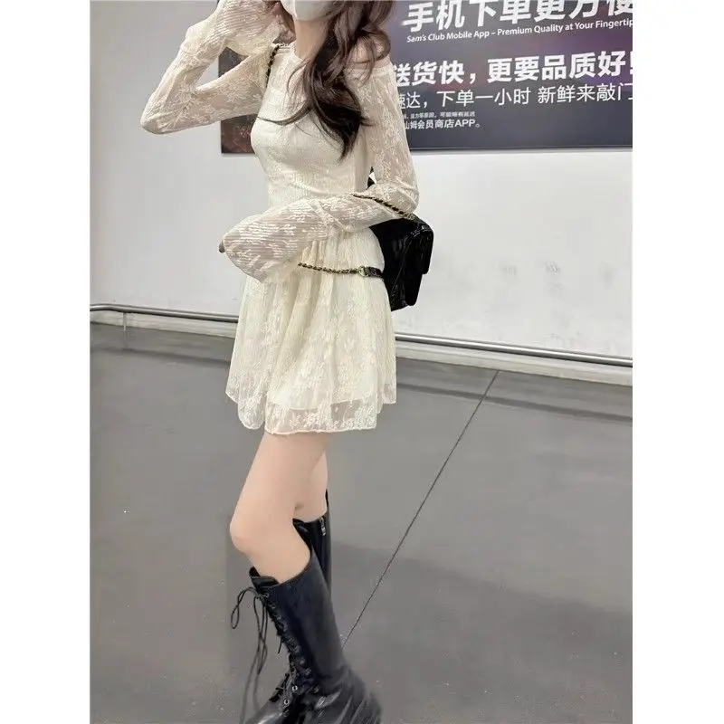 Sweet Mini Dress Women Fall Fashion Long Sleeve Lace Dress Apricot One Shoulder Sheer Party Dress for Small Girl
