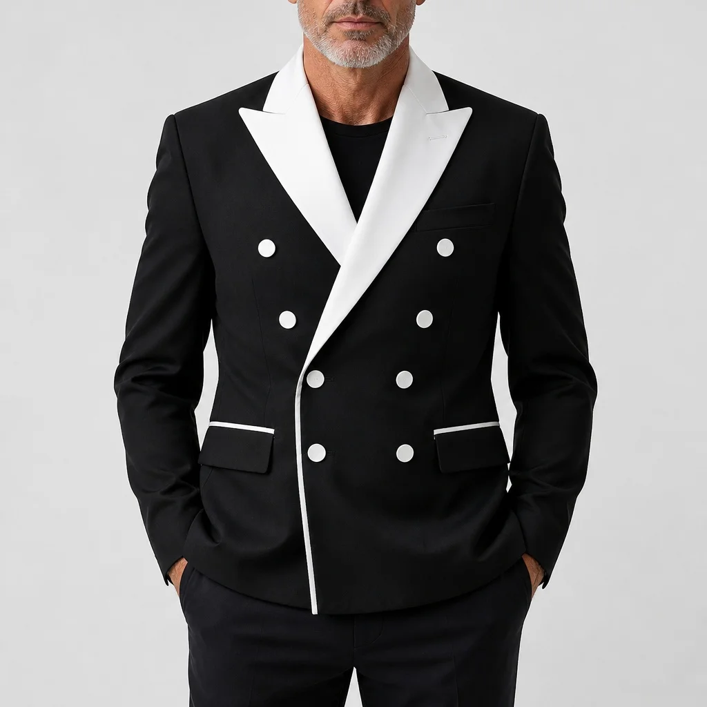Men's Black Tuxedo Blazer White Contrast Peak Lapel Double Breasted Piped Trim Suit Jacket For Formal Wedding Party Dinner