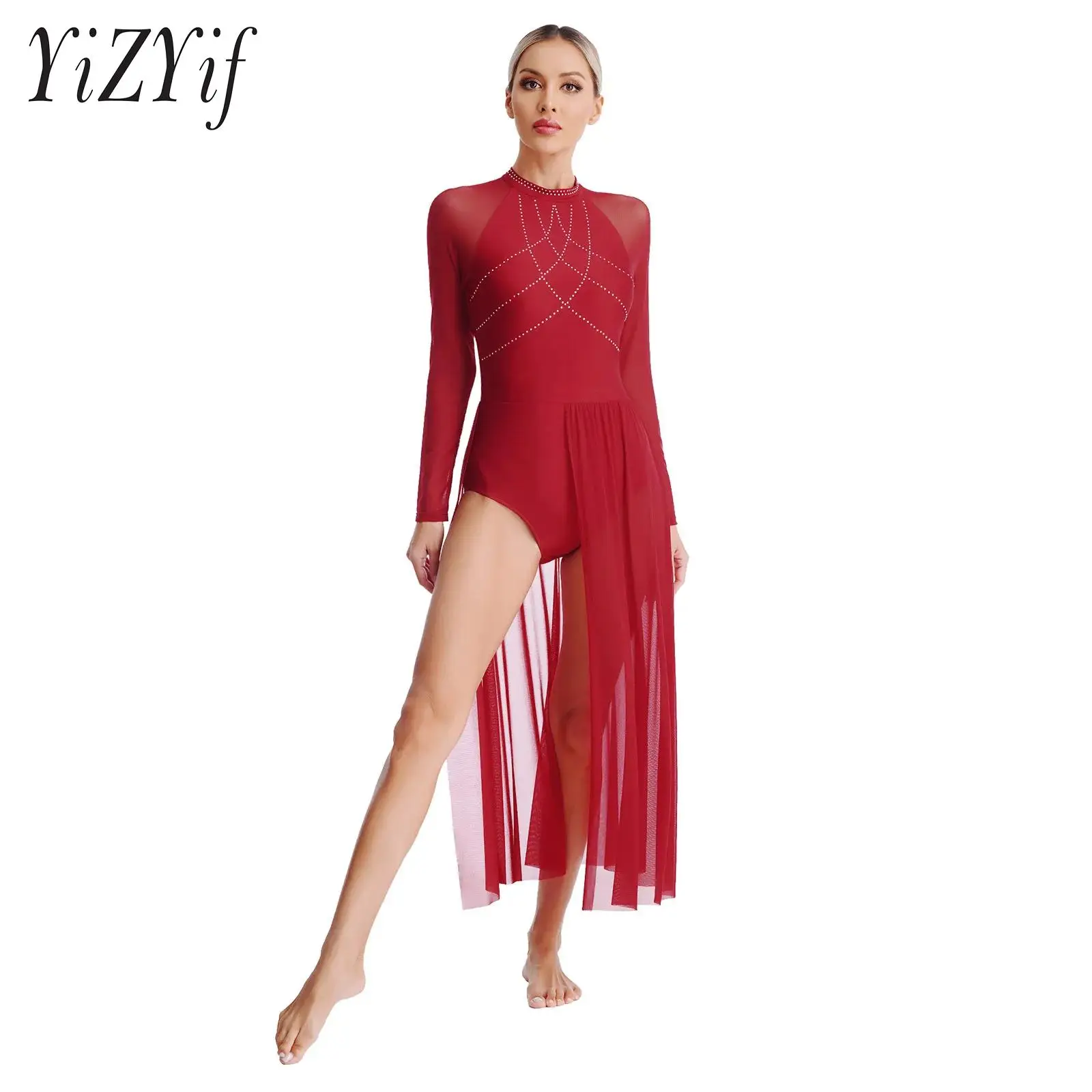 Women Lyrical Dance Costume Rhinestones Mesh Leotard Dresses Elegant and Beautiful Keyhole Back Long Sleeve Split Maxi Dress