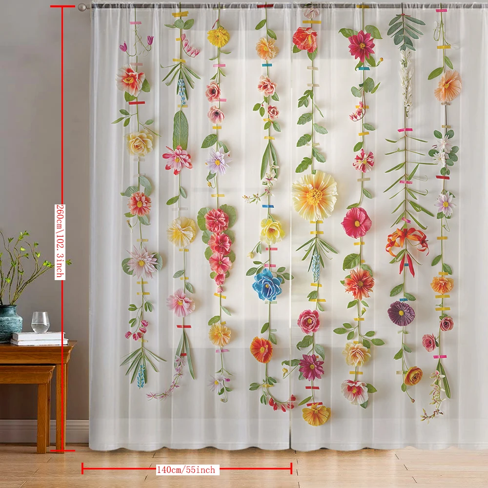 2PCS Home decoration window screens, floral branch prints, curtains with pole covers, kitchen, coffee shop, living room, living