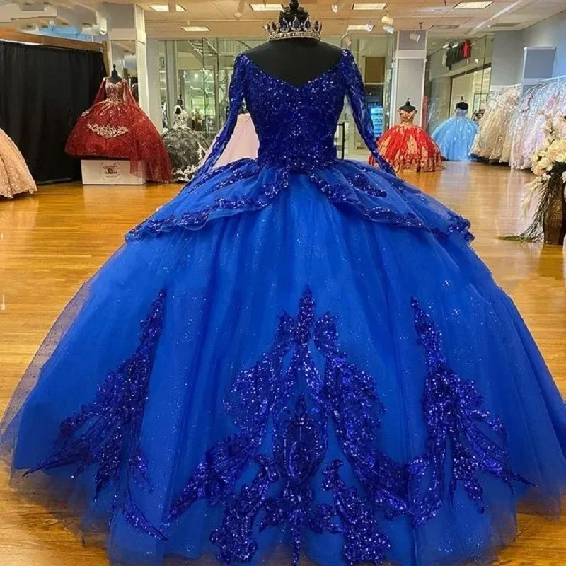 Glitzernde königsblaue lange Ärmel Ballkleid Quince anera Kleider für 15 Party Pailletten Spitze süße 16 Prinzessin Geburtstags kleider heiß