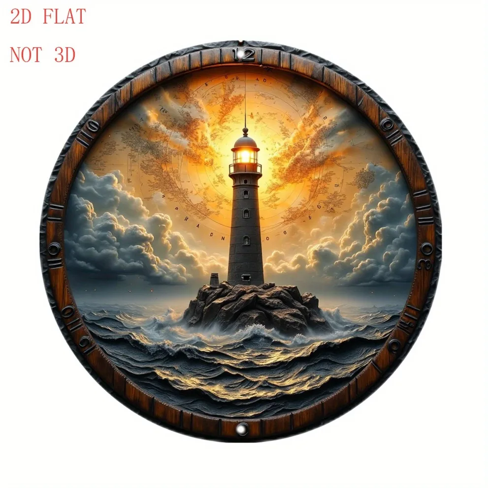 8 Zoll großes rundes Leuchtturm-Wandschild aus Aluminium mit Wellen-, Himmel- und Wolken-2D-Kunst für Haustür, Garten, Kneipe