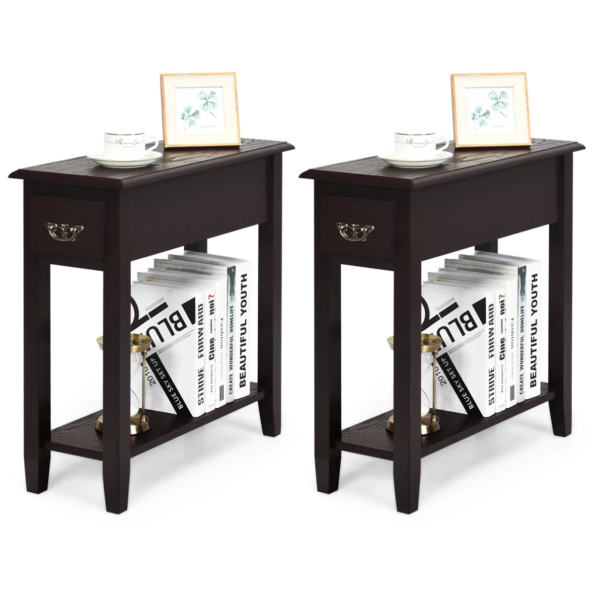 

Set of 2 Nightstand 2 Tier End Bedside Sofa Side Table w/Drawer &Shelf Espresso