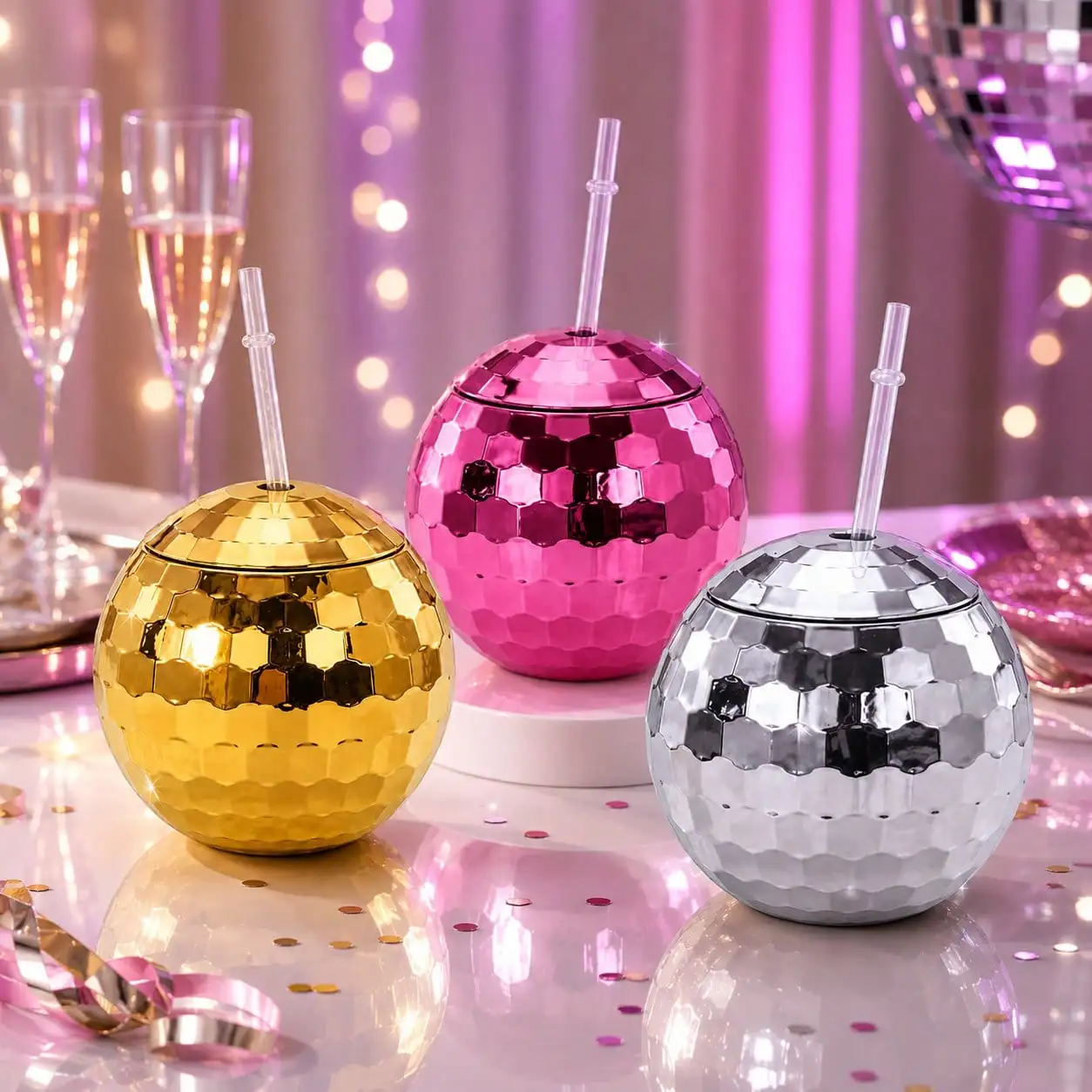 1pc Mirror Disco Ball Tumbler Cup With Straw Nightclub Bar Cocktail Drink Cup Bachelorette Birthday Party Table Decor