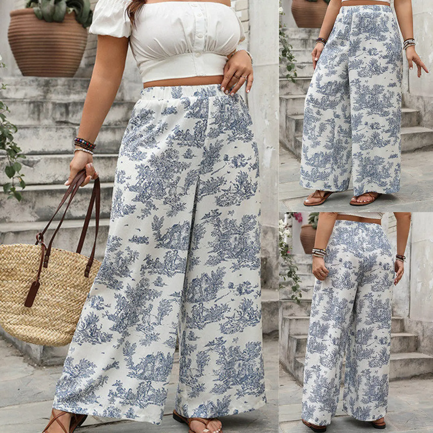 

Повседневные длинные брюки с принтом, широкие брюки с высокой талией, летние свободные женские модные брюки для повседневной носки, с эластичной талией, из других материалов