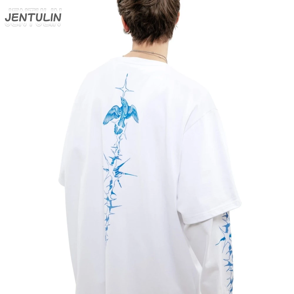 Harajuku Oversized Streetwear Men\'s Tshirts Bright Side Graphic Print Hip Hop Clothing Fake Two Pieces Long Sleeve Tops Goth Y2k