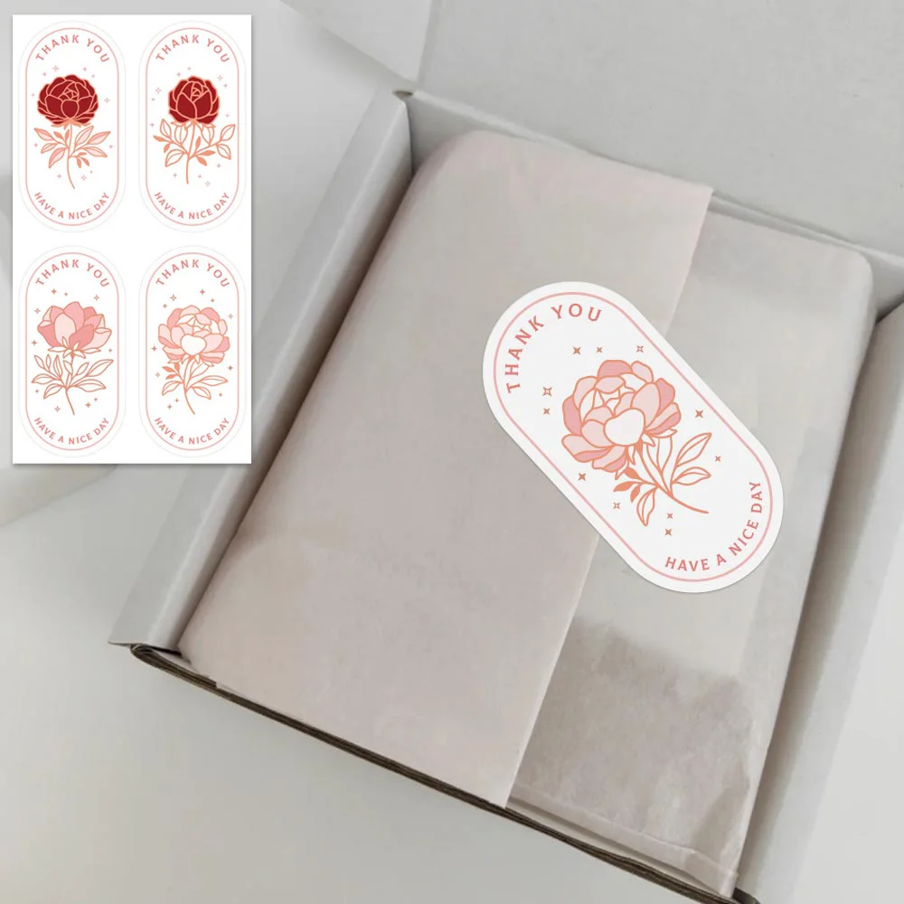 100pcs/pack Vintage Flower Thank You Stickers for Package Rectangle Adhesive Labels for Business, Boutiques, Online Retailers