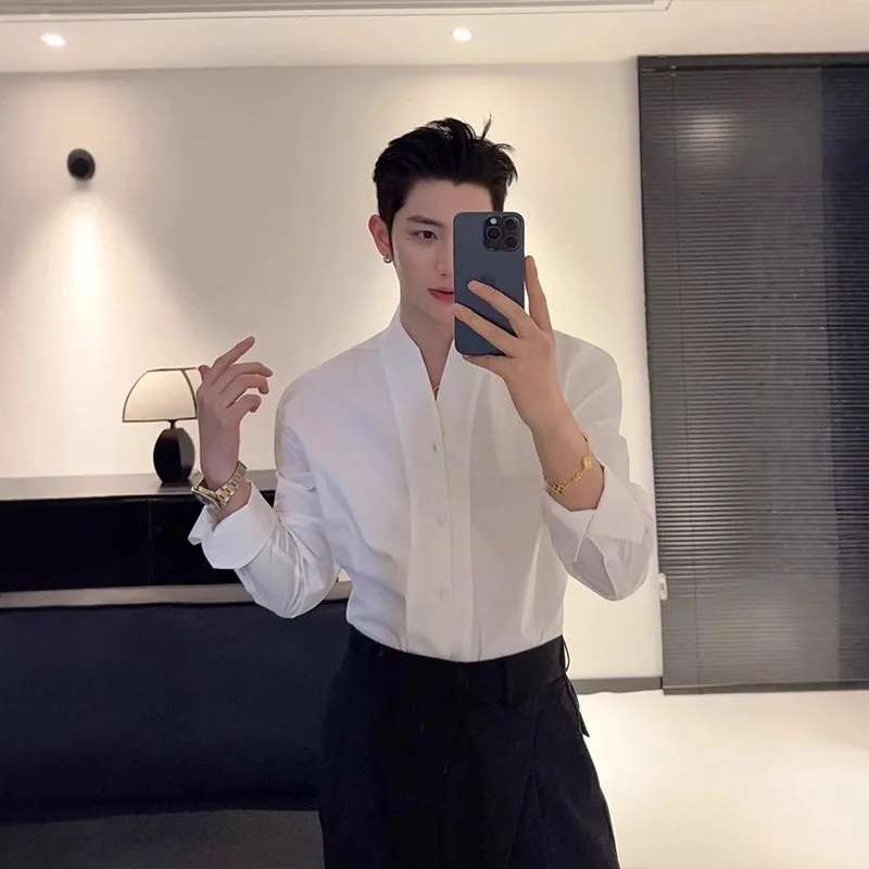 

French Stand Collar White Long Sleeve Men, High-End Chic Style, Suitable For Blazer Layering, Slim Fit Collarless Shirt