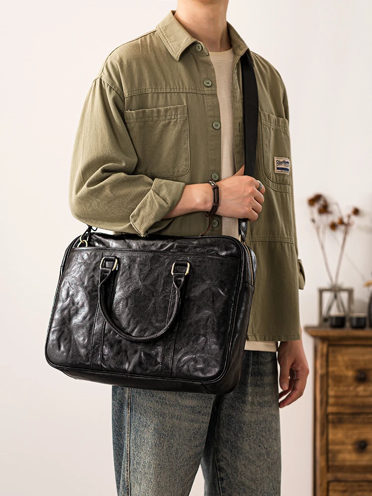 handmade first layer cowhide men's black briefcase office work handbag Business casual genuine leather laptop postman bag