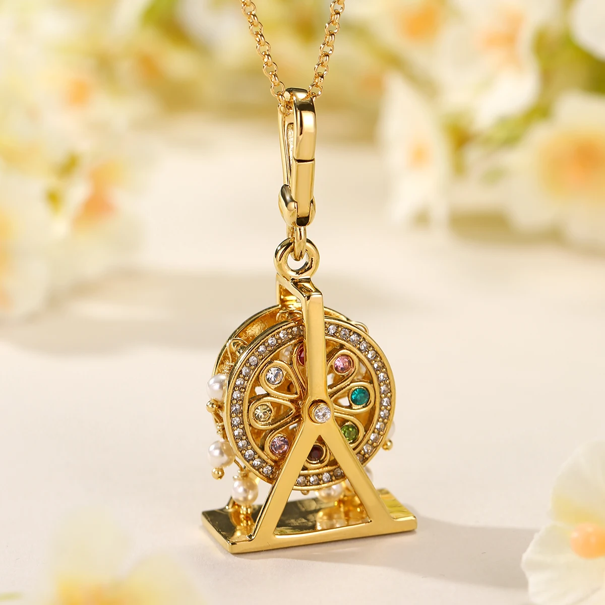 

1Pcs Fashion Shiny Rhinestone Tassel Pearl Ferris Wheel Windmill Copper Pendant Necklace Women Men Gorgeous Party Jewelry Gift