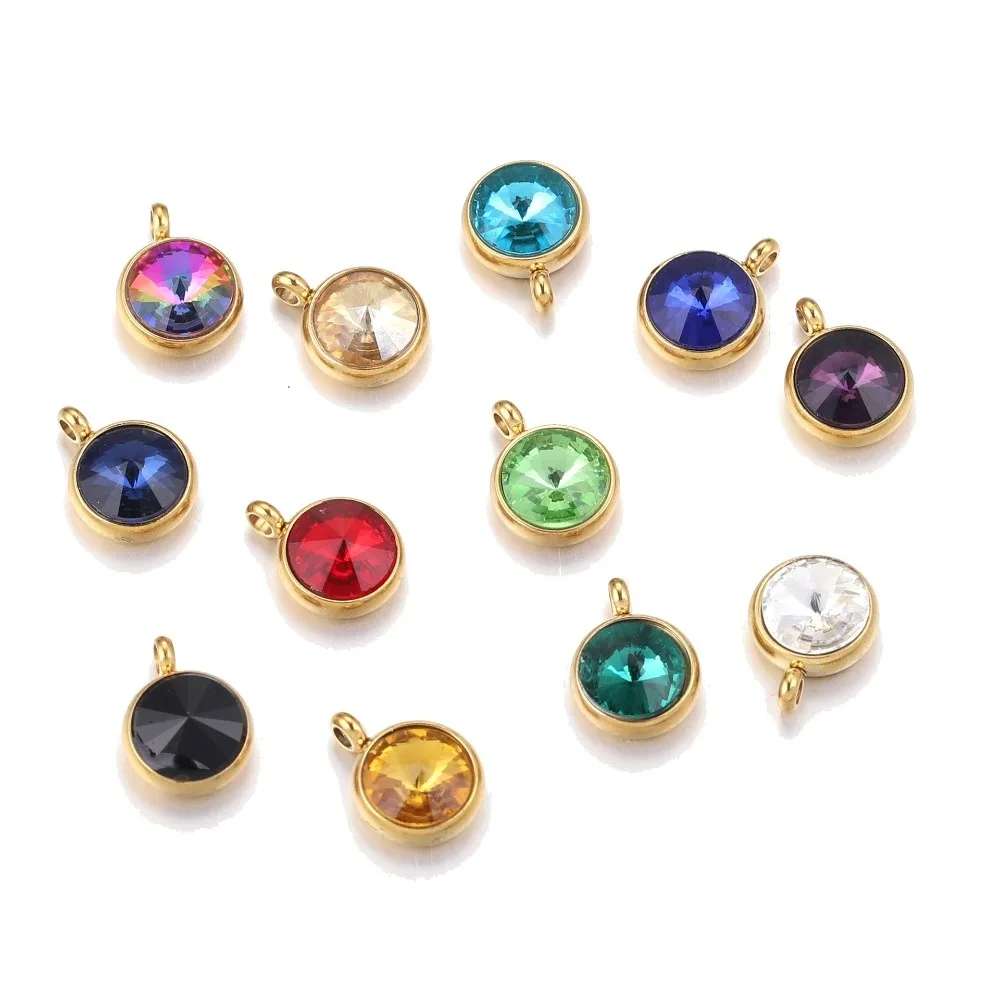 10pcs/lot 10mm Zirconia 12 Months Lucky Birthstone Pendant DIY Accessories Stainless Steel Jewelry Birthday Gift Wholesale