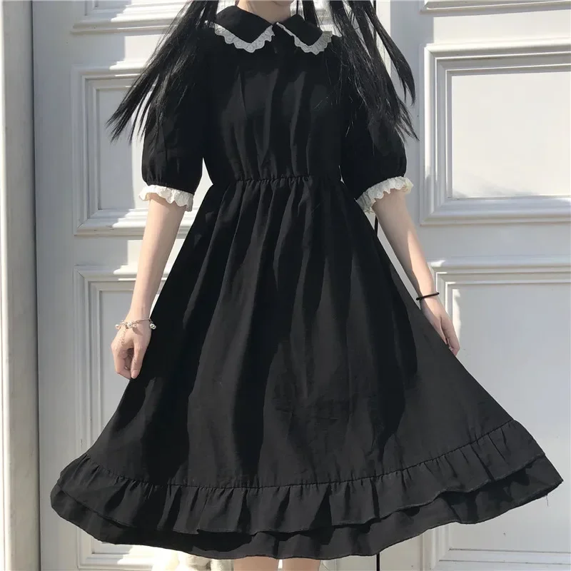 Cosdea Japanese College Style Summer Dress Sweet Peter Pan Collar Kawaii Lace Ruffles Dress Short Sleeve Mori Girl Black Woman D