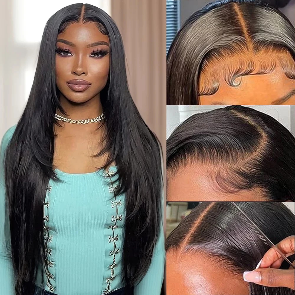 Butterfly Haircut Straight 13x4 Transparent Lace Front Wigs For Black Women Inner Buckle Layered Synthetic Lace Wig Pre Plucked