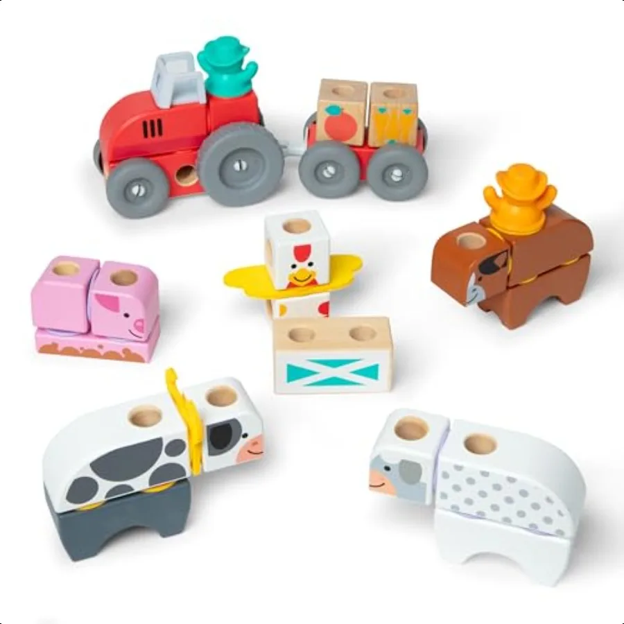 Melissa Doug Blockables Farm Snap and Play Mix and Match Anschließbare Holzbausteine Spielset Spielzeug für Vorschuljungen und
