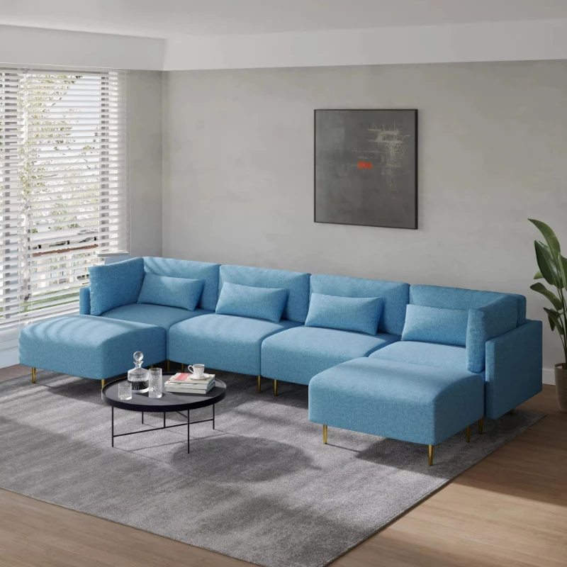 In stock, delivery is hot, Nordic blue fabric modular sofa U-shaped family sofa sofa