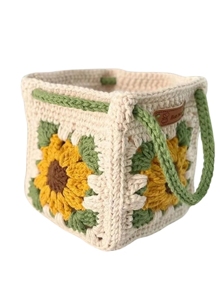 محلية الصنع DIY حقيبة يد غزل الكروشيه عباد الشمس حقيبة يد المنسوجة يدويا سلة الخضار حقيبة مربعة صغيرة المواد حقيبة لأفضل صديق #2