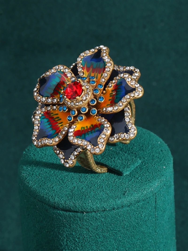 Vintage Große Blumenringe mit Tropföl-Emaille, Blauer Malachit-Schmuck, Luxus für Damen, Antik-Goldplattiert, Strass-Farbverlauf, Designer-Marken, Hochzeit