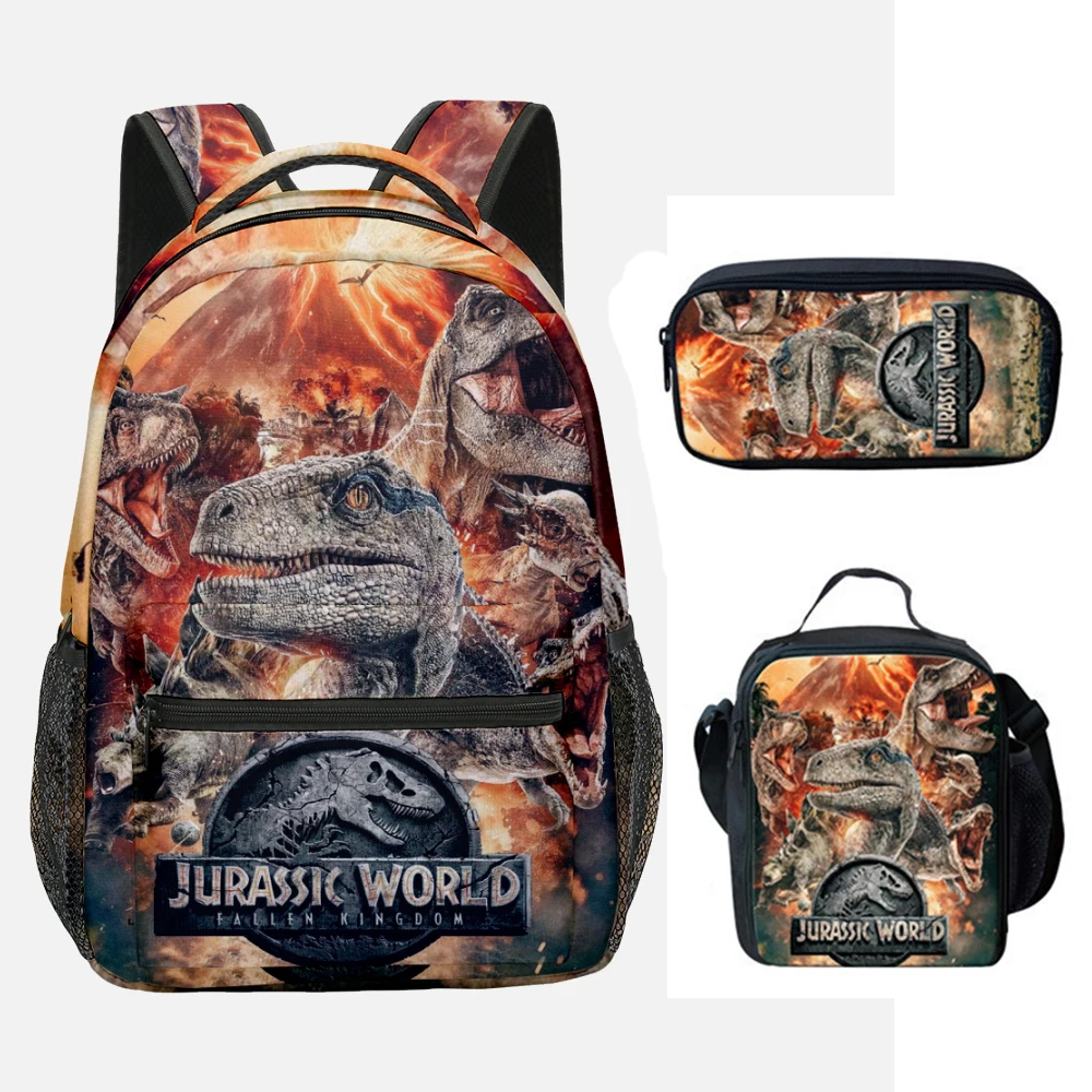 Mochila mundo jurássico com impressão 3d para estudante, mochila escolar com impressão de dinossauro, para laptop, almoço, estojo, na moda, 3 pcs/set