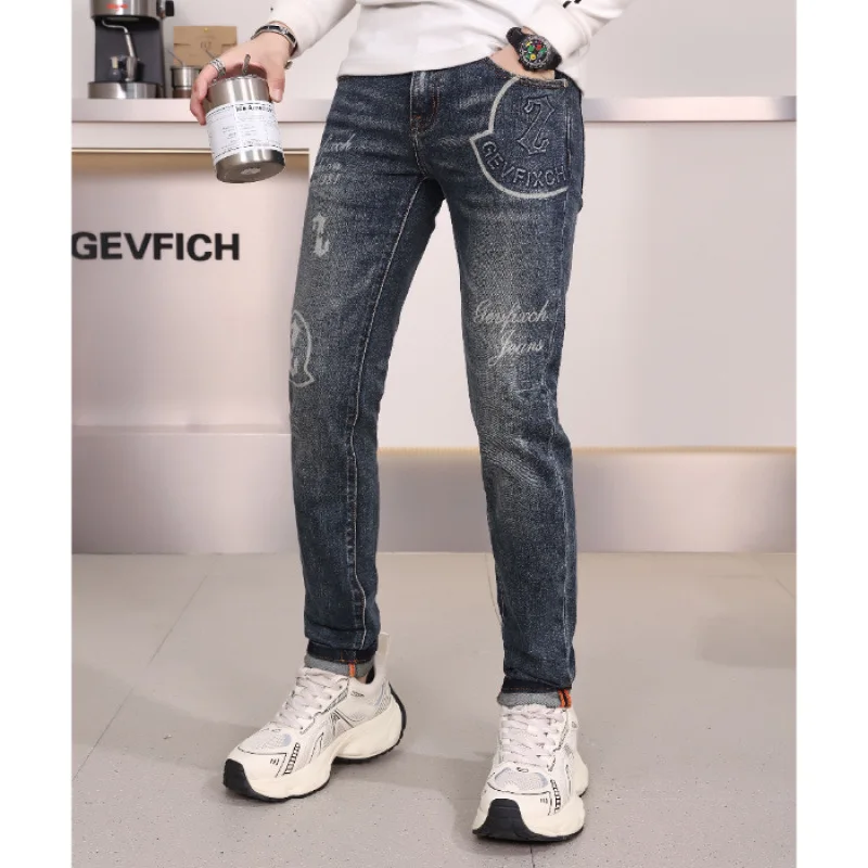 Fashion Printing 2024 Autumn and Winter New Men\'s Jeans Men\'s High-End Street Trend Slim Fit Tapered Casual Pants