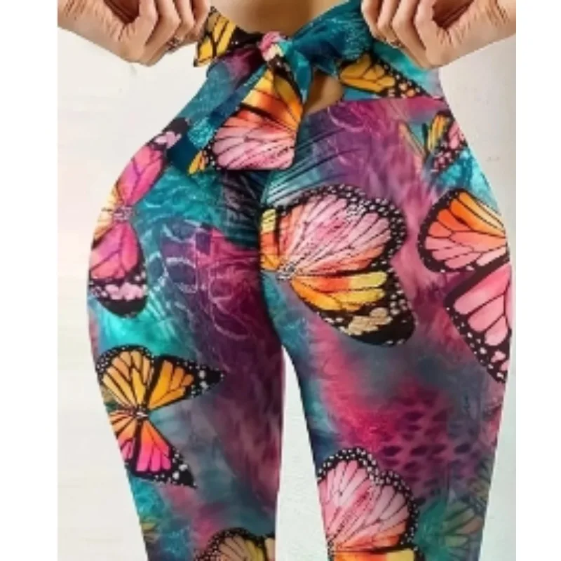 Plus Size 1XL-5XL Women\'s Back Waist Bow Leggings Casual Butterfly Print Fitness Yoga Leggings High Waist Tight Leggings