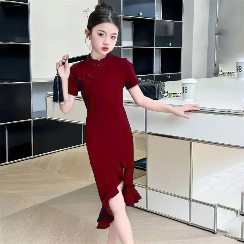 

Girls' 2026 New Creative Summer Qipao Dress Children's New Chinese Style Cheongsam Skirt Kids' Short Sleeved Qipao Skirt LI973