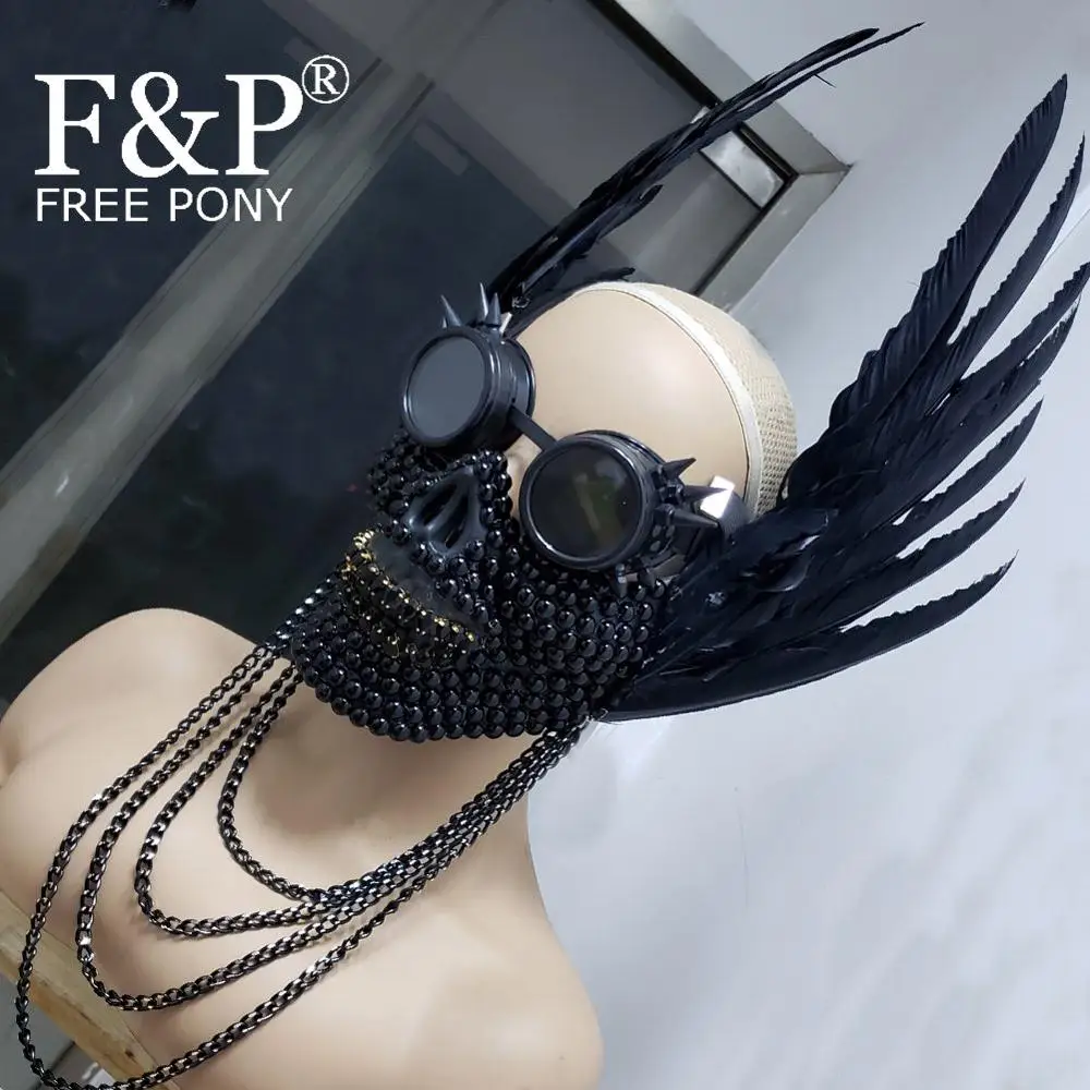 Burning Man Festival Black Gothic Skull Feather Googles Mask Carnival Costume Gogo Dancer  Halloween Accessories