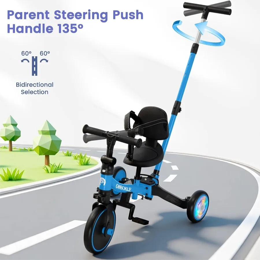 รถสามล้อเด็ก 5-in-1 สำหรับเด็กวัย 1-3 ปี แปลงเป็นจักรยานเด็กพร้อมที่จับสำหรับเข็นและถอดแป้นเหยียบได้ จักรยานทรงตัวพร้อมไฟหลากสี